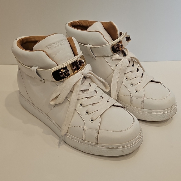 Coach Shoes - Coach White Leather High-Tops with Gold Buckles